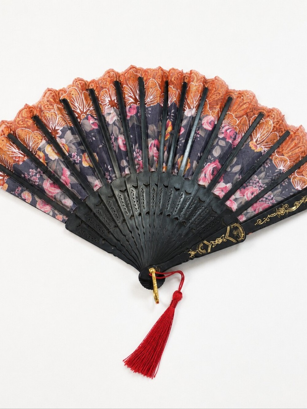 Vintage Style Floral Folding Hand Fan Black Gold Glitter Lace Tassel 9 Inch - Picture 1 of 8